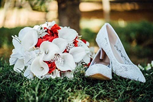 Iffo Bridal Bouquets For Wedding, Calla Lilies Simulation Rose Diamonds Pearl Bride Wedding Bouquet, Romantic Wedding Party Decoration Confession (Red) #TOP3