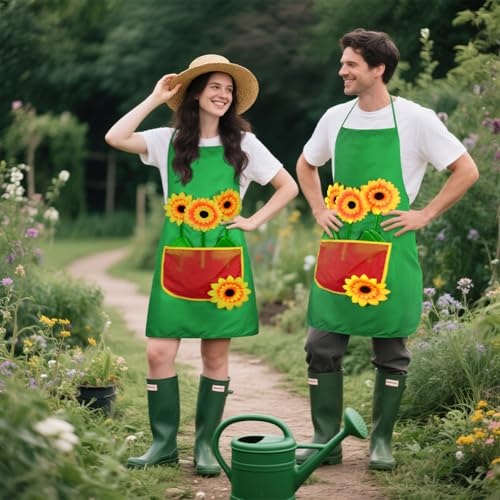 AYBUY Gärtnerschürze, Grün Sonnenblumen Schürze Gärtner, Gärtnerin Kostüm Grillschürze mit Taschen, Unisex Design für Karneval, Kostümpartys und Mottopartys