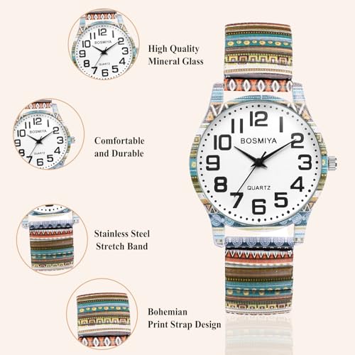 OIDEA Stretch Band Watches for Women: Bohemia Flower Easy Reader Elastic Band Watch Large Face Big Number Analog Quartz Bracelet Watch Expansion Band Wristwatch - Image 5