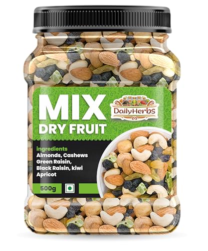 Image of DAILYHERBS Premium Mix Dry Fruits 500g | Fit for Fasting | Healthy Snacks Mixed Nuts Contain Almonds, Cashews, Raisins, Apricots, Dates, Kiwi | Superfood Nut Mix for Daily Energy & Snacking
