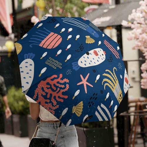 Parapluie automatique compact à ouverture rapide et motifs poissons colorés