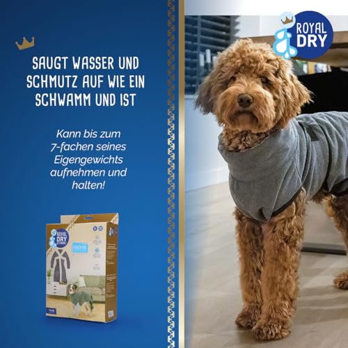 Royal Dry Bademantel Hund XL - Rückenlänge 70-80 cm - Hundehandtuch - Mikrofase - Hundebademantel für große Hunde - Schnell Trocknendes mit Klettverschluss - Grau