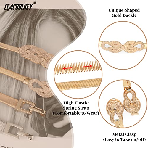 LEACOOLKEY Women Metal Skinny Belt for Dress Gold Elastic Thin Waist Belt Stretch Dress Belt3