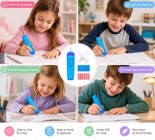 Image of Cute Electric Eraser for Kids with Built-in Fan & 12 Refills | Battery Operated Automatic Eraser for Drawing, Sketching, Homework & School Projects for Boys & Girls (Multicolor)