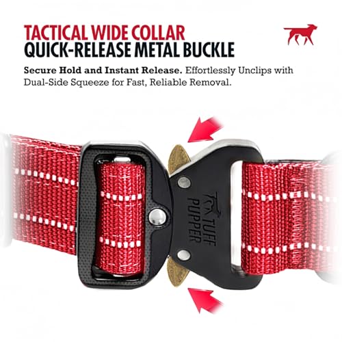 Image of Tuff Pupper Tactical Dog Collar | Heavy Duty 1.5 inch Wide Ballistic Nylon | Training Control Handle | Quick-Release Metal Buckle | Reflective Bands | ID Tag Holder | Padded Inner Lining (Red, Medium)