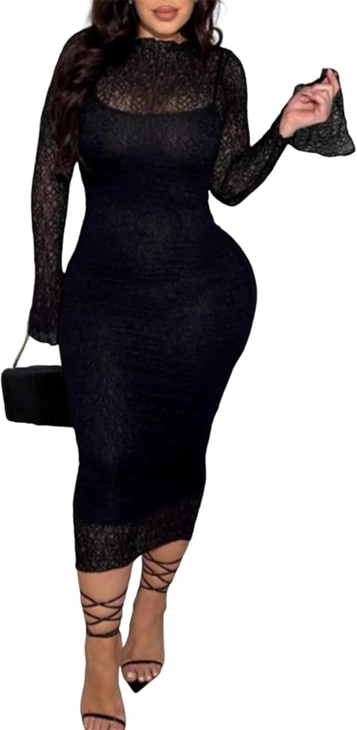 Famnbro Womens Lace Dress Long Sleeve Sexy See Through Bodycon Elegant Formal Party Cocktail 2 Piece Dresses Sets