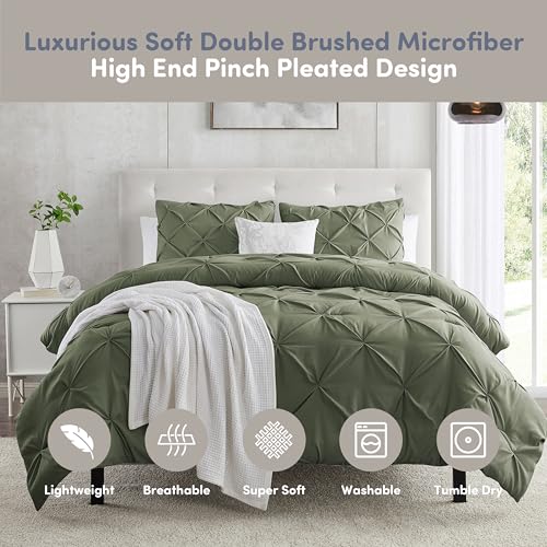 Image of Nestl Olive Green Duvet Cover Full Size - Soft Double Brushed Duvet Set with Button Closure & Corner Ties, 3 Piece Luxurious Pinch Pleated Duvet Cover Set 80x90 Inches with 2 Pillow Shams