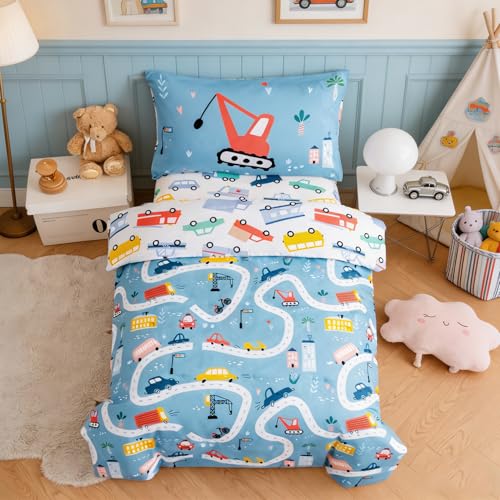 Image of PERFEMET 4-Piece Toddler Bedding Set Boys Cars Toddler Comforter with Sheets Reversible Lightweight Blue Vehicles Toddler Bed Set for Crib(Blue, Cars)