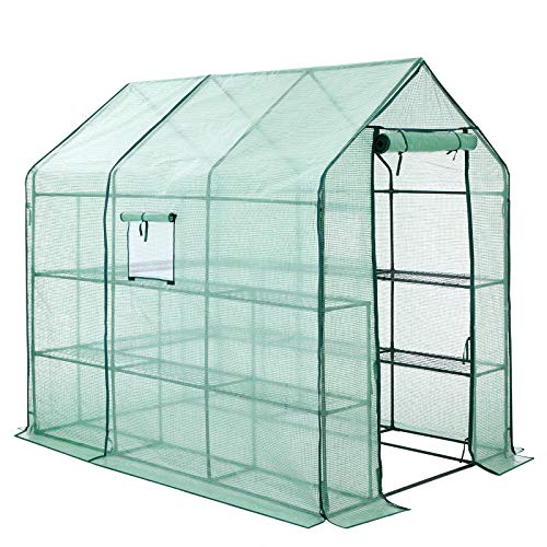 Preisvergleich Produktbild SONGMICS Foliengewächshaus, begehbares Gartenhäuschen mit 14 Regalebenen, Treibhaus mit Tür zum Aufrollen, Frühbeet, Tomatenhaus, Gemüse, Outdoor, Garten, 143 x 215 x 195 cm, Grün GWP13GN