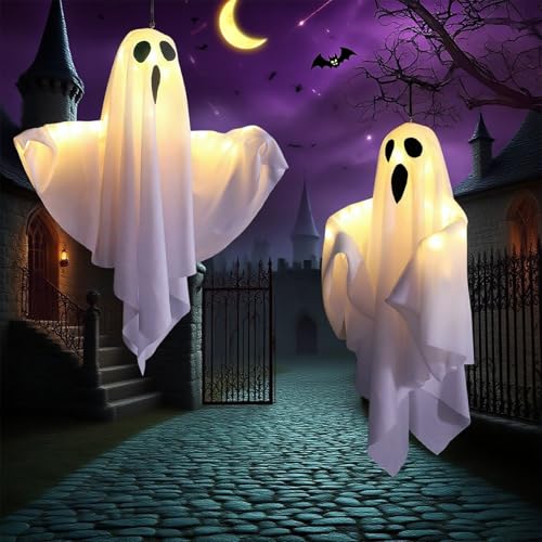 2 peças fantasma de Halloween decoração exterior, fantasma pendentes com luzes LED voadoras bonitos fantasmas pendentes de Halloween decoração para jardim varanda árvore exterior festa