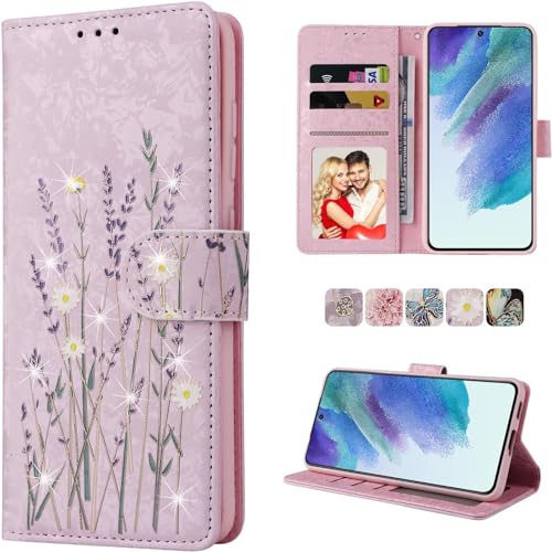 UEEBAI Wallet Case for Samsung Galaxy A35 5G, PU Leather Phone Case Kickstand RFID Blocking Flip Case Card Slots Wrist Strap Relief Engraved Pattern Magnetic Closure Folio Case - Pansy
