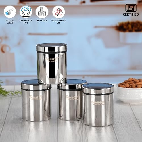 Image of Sumeet ISI Certified Stainless Steel Air Tight Storage Container /Jar /Canister /Dabba with Threading Screw Cap for Kitchen - Pack of 4Pc, 8.3cm, 450ml, Silver