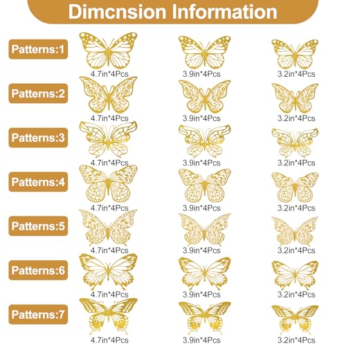 Rindion 84PCS 3D Butterfly Decorations, 3 Sizes 7 Styles Butterfly Wall Decor Gold Butterflies Decorations for Cake, Butterflies Party, Birthday, Wall