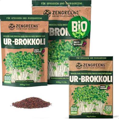 ZenGreens - Bio Ur-Brokkoli Sprossen Samen - Wähle zwischen 10g 200g und 500g - Brokkolisprossen mit hohem Sulforaphan-Gehalt - Stengelkohl Samen - Brokkolisamen - Keimrate von über 97%