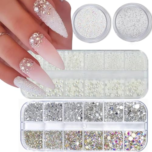 GZMYUEN 4 Boîtes Flatback Perles Strass Ongle Nail Art, Cristal Demi Bijoux Ongles Nail Art Deco Ongle