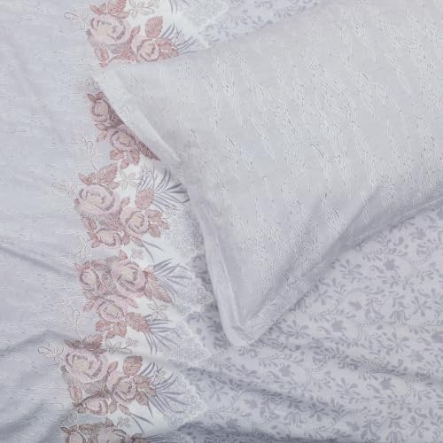 Image of Monte Carlo Eminence Double Bedsheet with 2 Pillow Covers | 144 TC Cotton Bedsheet for Double Bed | Soft & Breathable All Season Bedding Set | Lavender Grey Floral Design | Bedsheet 87 x 100 Inches
