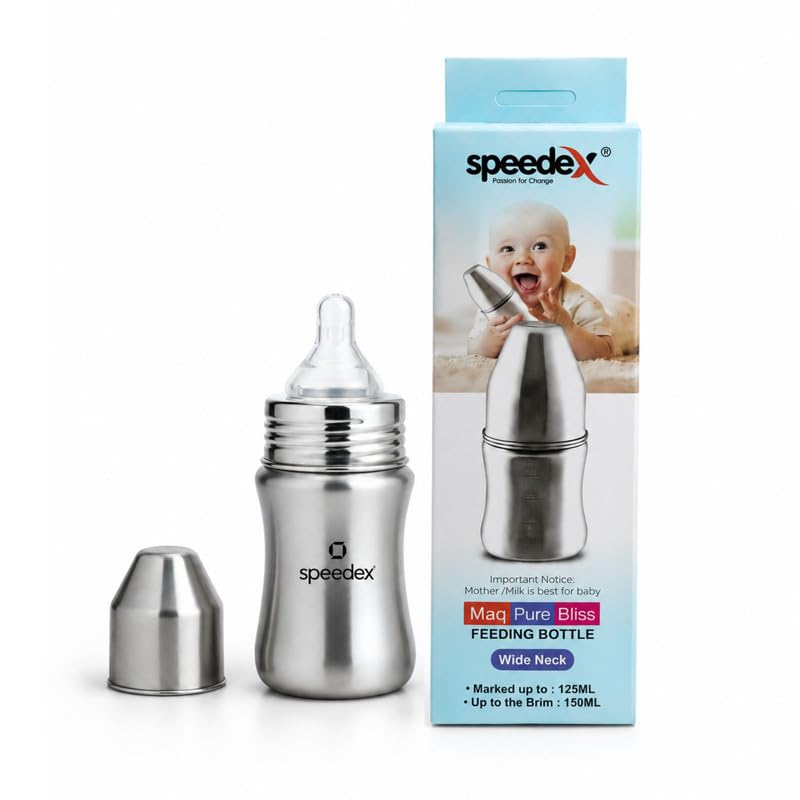 Image of Speedex Stainless Steel Baby Feeding Bottle 140ml with Silicone Grip & ML Marking | BPA Free, Anti-Colic Medium Flow Nipple | Leak Resistant 304 Grade Steel Infant Milk Bottle for Newborn Babies