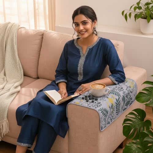 Image of STITCHNEST 'Frostvine Collection' Sofa Armrest Cover | Cotton Quilted Fabric, Washable & Durable for Modern Living (18 x 22 Inches)