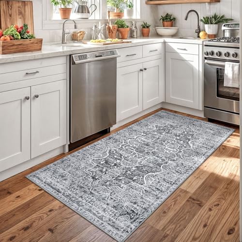 KUTA Area Rug 3x5, Vintage Floral Rugs for Living Room Grey White Washable Non-Slip, Ultra Soft Printed Medallion Entry Low-Pile Throw Carpet for Bedroom Dorm Décor