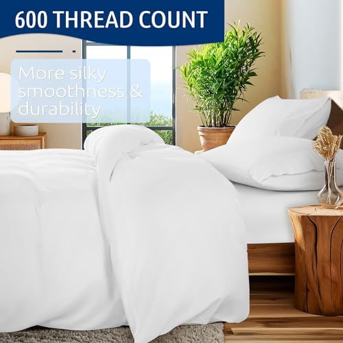Shilucheng 100% Cotton Queen Size Duvet Covers - 600 Thread Count, Luxury Sateen Weave Egyptian Cotton Comforter Cover with Zipper Closure & Corner Ties,Hotel Bedding Duvet Covers 3 Piece (White)
