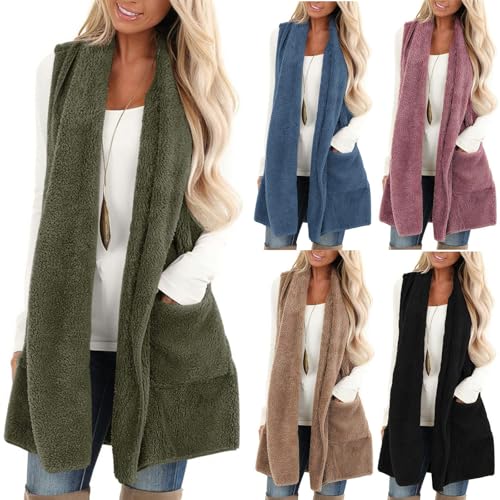 Women Sherpa Vest Sleeveless Open Front Long Cardigan Plus Size Flannel Coat Winter Warm Fuzzy Coat with Pockets