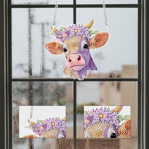 Image of Cow Head Diamond Painting Hanging Kit, 5D DIY Acrylic Pendant with Special Shaped Crystal Rhinestones, Animal Art Ornament for Wall, Door or Window Decoration, Handmade Craft Gift for Adults