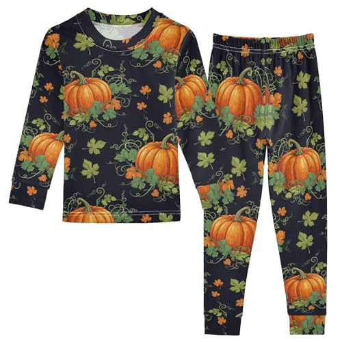 Pajama Sets Long Sleeve Pumpkin Green Leaves Pattern Soft Comfy Sleepwear 2 Piece PJS 3-8T - Main Image
