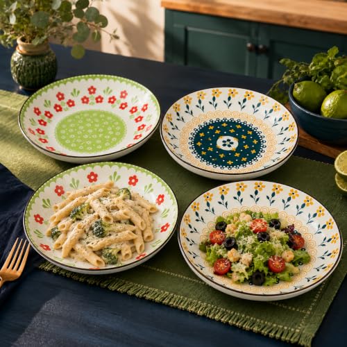 Image of Ceramic Pasta Plate, 20.4 cm Porcelain Dinner Plates, Microwave & Dishwasher Safe, Food Grade Ceramic, Deep Serving Plate for Pasta, Salad, Soup, Curry & Noodles (Multicolor Floral, PACK OF 4)