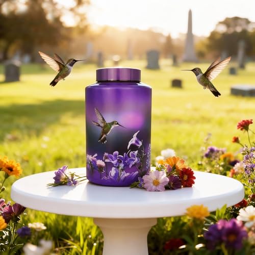 Image of Large Purple Metal Cremation Urns for Human Ashes, for Adult Female | 220 lbs Capacity, Hummingbird Design, Sealing Well & Durable & Waterproof, Stainless Steel, Funeral Women Ash Keepsake
