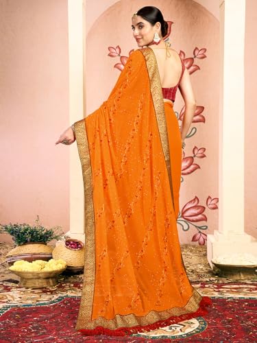 Image of Satrani Women's Georgette Embroidery & Stone Work Saree with Unstitched Blouse Piece