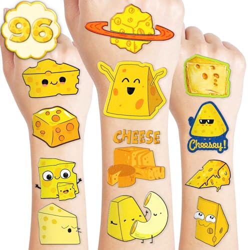 96 PCS Funny Cheese Pre-Cut Temporary Tattoos Birthday Party Decorations Supplies Favors Cute Yellow Cheese Dairy Food Sweet Cheesy Decor Stickers For Boys Girls Gift School Prizes Rewards