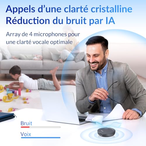 Haut-Parleur de conférence Bluetooth, 4 micros AI Capture vocale 360°, réduction du Bruit, Batterie 2600mAh, USB-C/Dongle, Daisy Chain pour Grandes salles, Compatible avec Zoom/Teams/Skype – Image 5