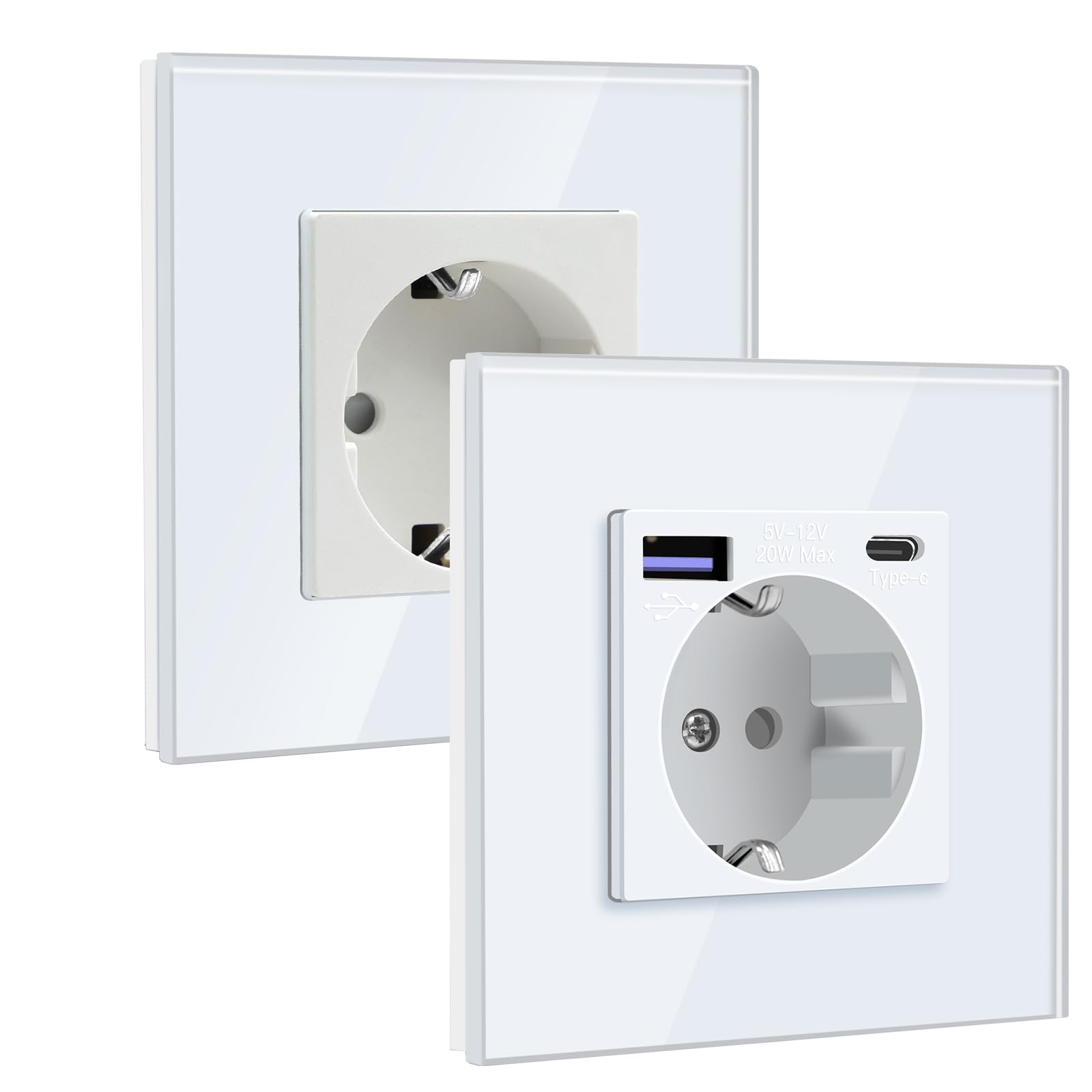 BSEED Schuko Steckdose mit USB C 20W Schnellladegerät USB Type C Wandsteckdose mit Glas Panel,Unterputz, Einbausteckdose Geeignet für Phone, Pad,MP3 und meh
