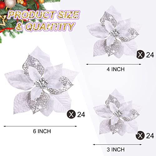 Geosar 72 Pieces 3/4/6 Inches Christmas Artificial Glitter Poinsettia Flowers Ornaments Xmas Flowers Wedding for Christmas Tree Ornaments(Silver) - Image 3
