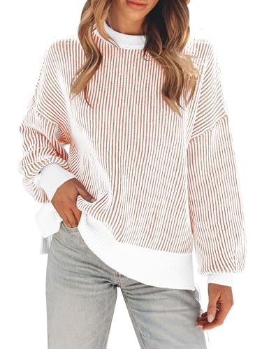 Image of Womens Sweaters Fall 2026 Clothes Oversized Striped Knit Top Winter Outfits | ETCYY Long Sleeve Colorblock Pullover Tops,Fall Sweaters For Women Trendy,Casual Work Office,Cream,Cute Oversized Sweater