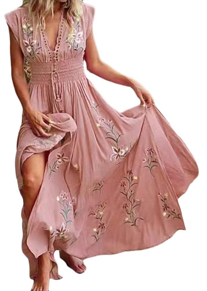 shownicer Vestido Mujer Boho Elegante Maxi Vestidos Cuello en V Floral Impresa Vestidos Verano Casual Largos Vestido de Playa