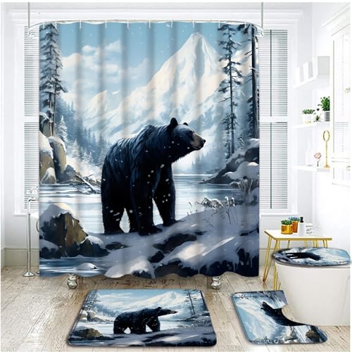 4 Piece Winter Black Bear Shower Curtain Set with Rugs,