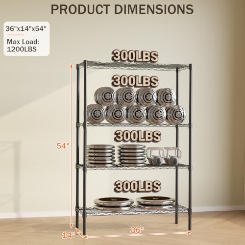 Image of GarveeTech Heavy Duty Garage Shelving Unit, 36 in L x 14 in D x 54 in H, Adjustable Wire Shelving Unit 1200 LBS Load Capacity, 4-Tier Durable Metal Shelves for Garage, Pantry, Basement, Workshop