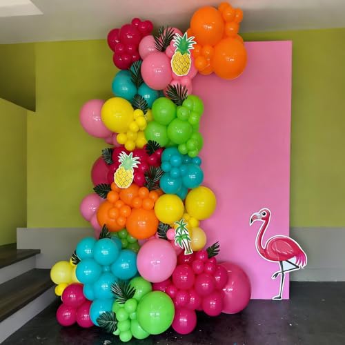 Image of Tropical Balloons, Hawaiian Party Balloons, Hot Pink Orange Teal Green and Yellow Latex Balloon for Summer Birthday Baby Shower Tropical Party Decorations