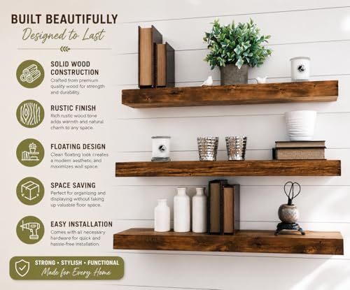 Image of Genuine Decor Sheesham 18 Inch Floating Shelves for Wall Set of 3, Rustic Wall Mounted Ledge Shelf for Bathroom, Bedroom, Living Room