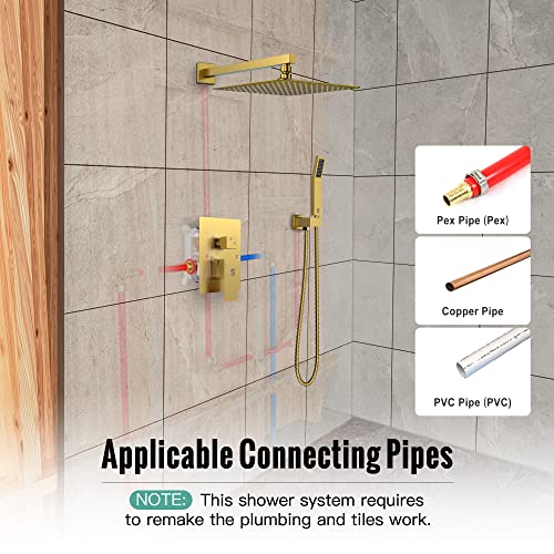 Sr Sun Rise Shower Faucets Sets Complete Brushed Gold Square Rain Shower Head With Handheld Spray All Metal Shower Faucet Trim Repair Kits (Contain Shower Valve) #TOP2