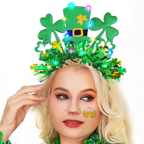 Coshies St Patricks Day Headbands Light Up Green Hat Headband Glow Shamrock Headpiece Irish Hair Accessories for Women