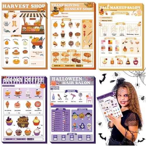 Image of Eaasty 6 Pack Kids Pretend Play Notepads 4x6 Inch,Fall and Halloween | 6 Career Themes Dental Police Vet Makeup Restaurant, 40 Pages per Notepad for Toddlers Imaginative Activity and Learning