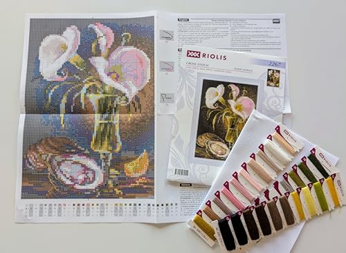Image of RIOLIS - Calla Lilies and Oyster 2267, Floral Cross Stitch Kits 6 inch x8, Cross Stitch Kit for Beginners & Advanced, Crossstitching Kits Adult, Counted Stitching Kits, Embroidery Kit