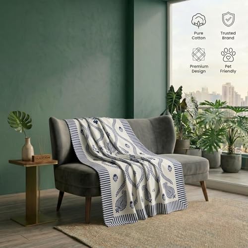 Image of SAJAVAT HOME Hand-Knitted Slub Cotton Sofa Throw | All-Season Throw Blanket for Sofa, Bed, Couch, Chair & Travel | 80x52 Inches (204x132 cm) | White Printed with | Pack of 1