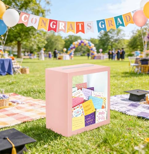 Image of SietDESEO Pink Card Box for Party with Clear Window Large Gift Card Box Holder for Wedding Reception Birthday Graduation Baby Shower Raffle Ticket Box