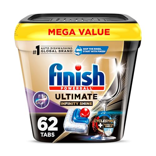 Comparison: Best Detergent For Hard Water Dishwasher 4 Finish Ultimate Infinity Shine Dishwasher Pods, No Pre-Rinse Dishwasher Detergent Soap Removes Burnt-On Stain, with Protector Shield & CycleSync Technology, Degreasing & Scrubbing Power, 62 Count