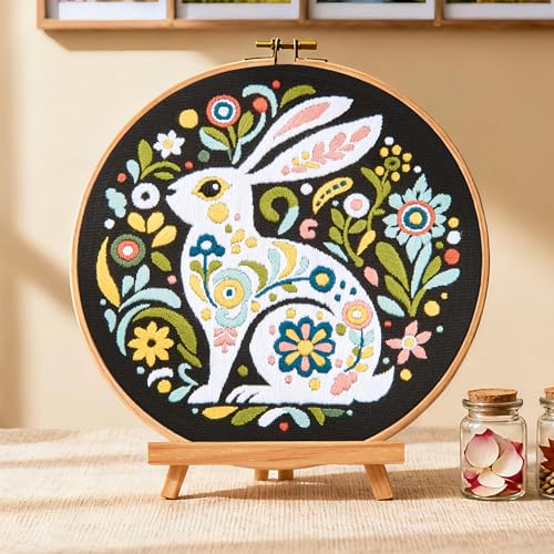 Image of Crafmanoe Embroidery Kits for Beginners Adults, Flowers Rabbit Embroidery Starter Kits, Counted Cross Stitch Kits for Beginners Adults Hobbies Set for Women, Embroidery Hoops, Thread & Video Tutorial
