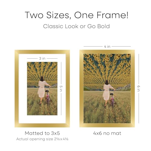 Image of Homeforia 4x6 Picture Frame Gold, High End Metal 4 x 6 Gold Frames with Mat 3 x 5 for Print, 4by6 Desk Frame Matted to 3x5 inch Photo, 4 by 6 Wall or Tabletop Frame, Tempered Glass, Wall Kit, Set of 2