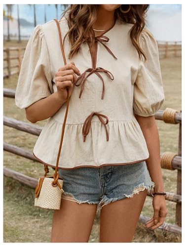 SOLY HUX Women's Bow Tie Front Tops Puff Short Sleeve Ruffle Hem Peplum Cute Blouse3